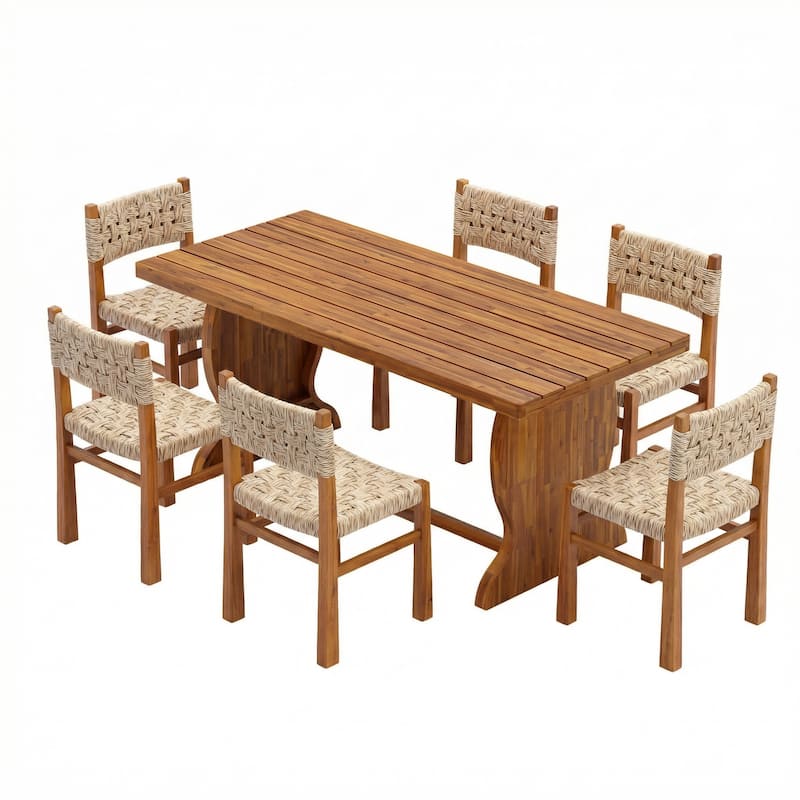 Christopher Knight Home - Norah 7-Piece Outdoor Acacia Wood Dining Set with Woven Wicker Chairs & 70" Rectangular Slat Table