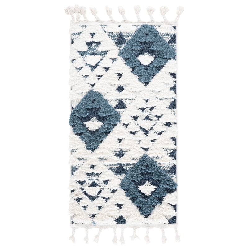 SAFAVIEH Moroccan Tassel Shag Delores 2-inch Thick Rug - 2'3" x 4' - Blue/Ivory