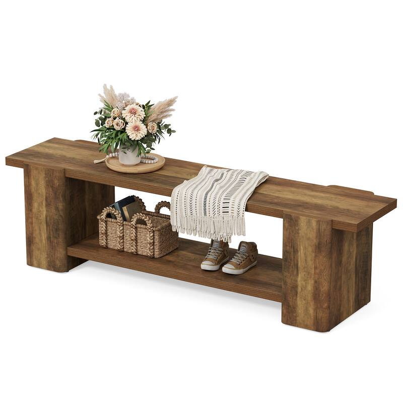 63 Inch Long Wooden Entryway Bench, End of Bed Bench with Storage Shelf - 13.39" D x 62.6" W x 17.32" H