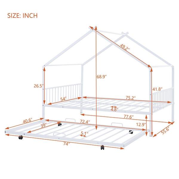 dimension image slide 3 of 6, Twin/Full Size Metal House Bed with Twin Size Trundle, Playhouse Bed Montessori Bed House Platform Bed with Roof Frame for Kids