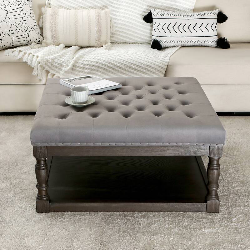 Cairona Tufted Bi-cast leather 34-Inch Shelved Ottoman Table - Gray Velvet Top