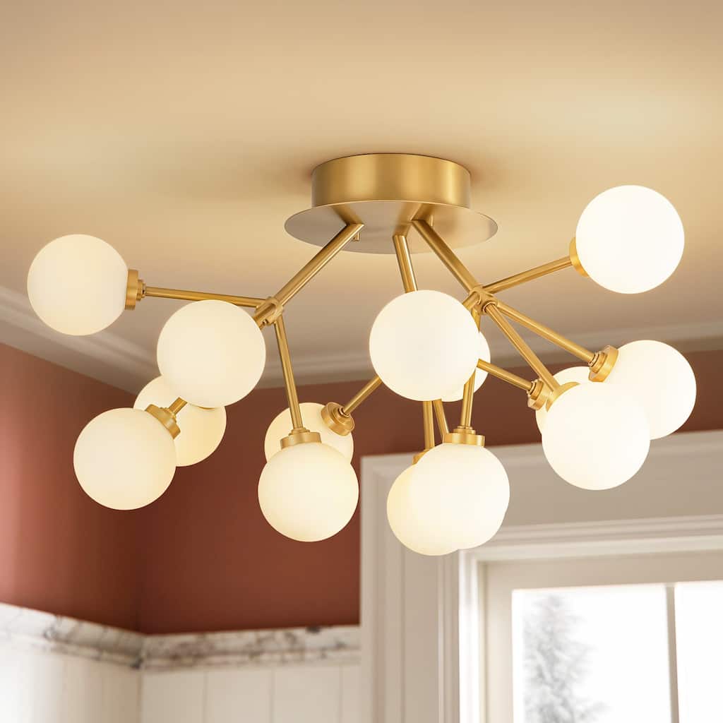 Allegra 15-Light Modern Gold Sputnik Cluster Frosted Opal Glass Globe Bubble Semi-Flush Mount LED Light