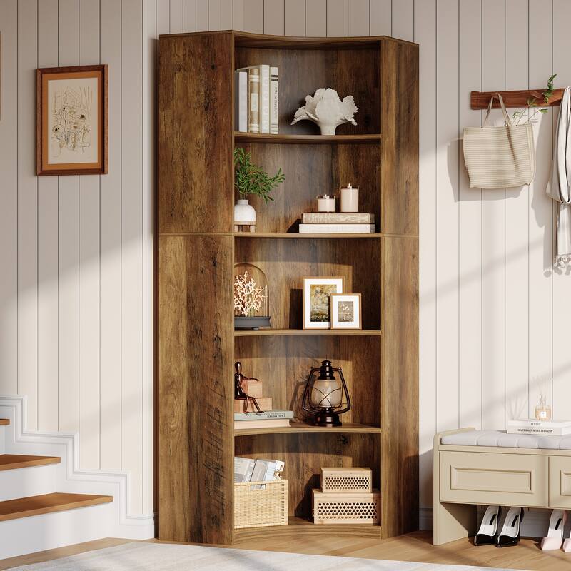 5-Tier Bookshelf, Industrial Style Corner Bookcase with Curved Edges