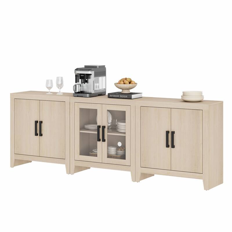WAMPAT Farmhouse Buffet Cabinet with Glass Doors, 3-Piece Modular Sideboard with Adjustable Shelves