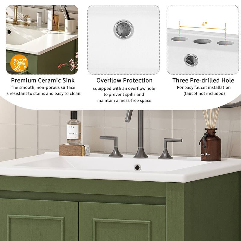 24" Vintage Bathroom Vanity with Ceramic Sink - Small Space Cabinet with 2 Soft-Close Doors & Adjustable Shelf