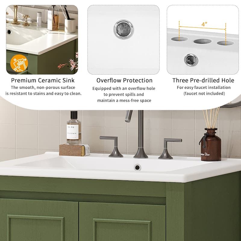 24-Inch Vintage-Inspired Bathroom Vanity with Ceramic Basin, Two Soft-Close Doors, and Adjustable Shelf‌ - 24"