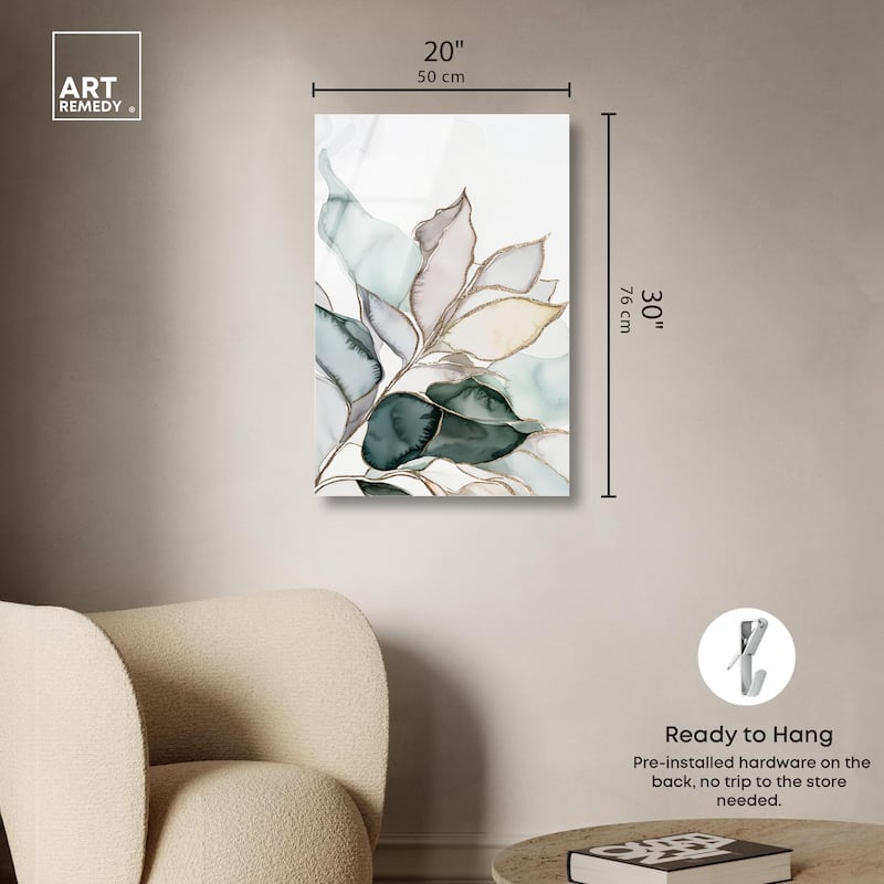 Pastel Leaves with Gold I Acrylic by Art Remedy, Ready to Hang