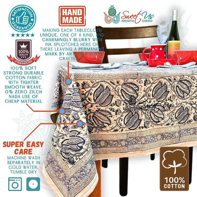 Vegetable Dye Tulip Floral Block Print Tablecloth Collection
