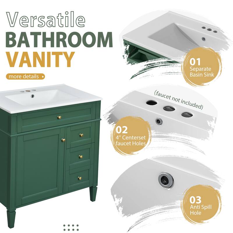 GDFStudio - Montvale Modern Freestanding Bathroom Vanity Set with Mirror Cabinet, Resin Sink & a Tip-out Drawer - 30'W