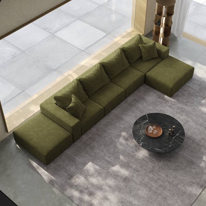 Floor Upholstered Sectional Sofa Modular L Shaped Couch Set with 6 Pillows and Ottomans, Living Room Sleeper Sofa Bed