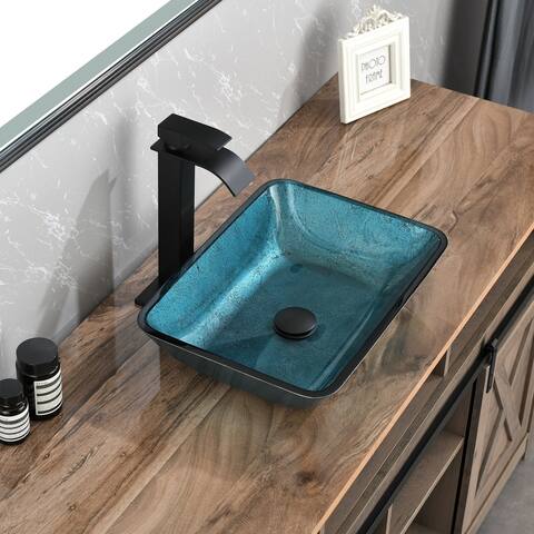 Blue Glass Vessel Bathroom Sink Set with Faucet and Pop-Up Drain