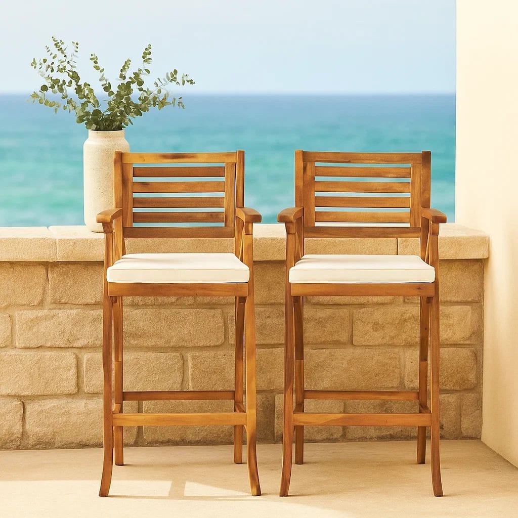 Olen Outdoor Barstool Chair Set of 2, Beige Polyester Brown Solid Wood