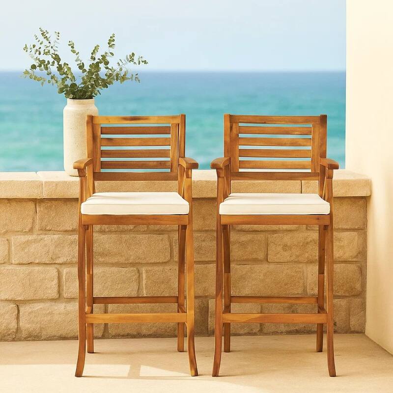 Olen Outdoor Barstool Chair Set of 2, Beige Polyester Brown Solid Wood