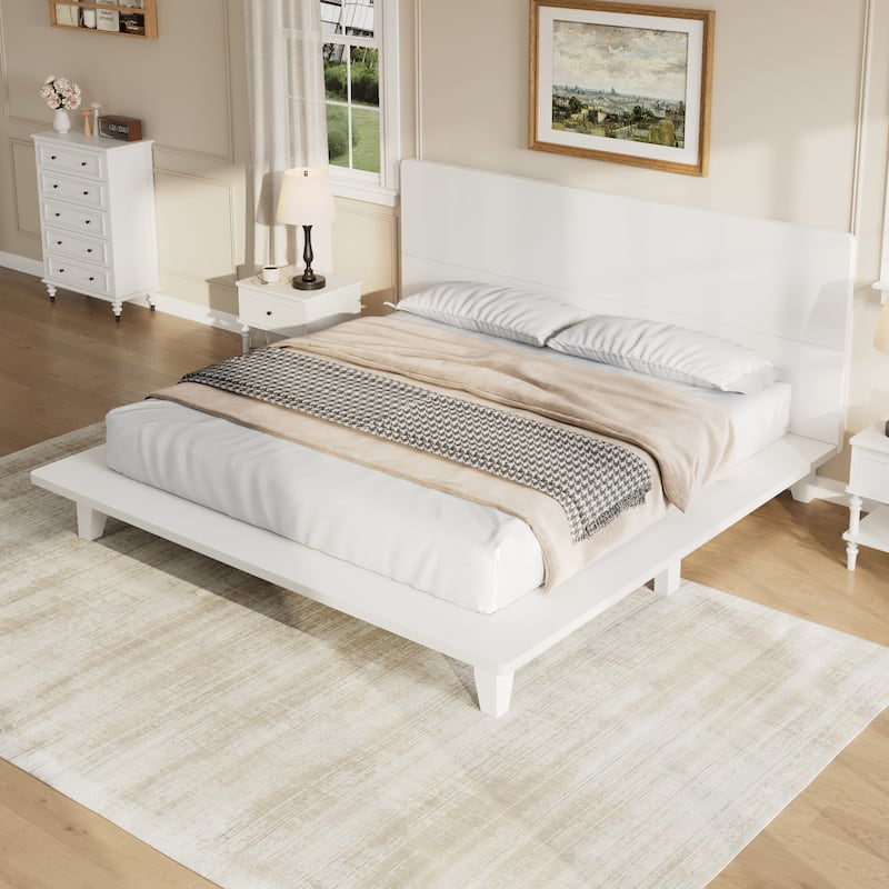 Wooden Platform Bed Frame with Headboard, Rustic Bed Frame with Wood Center Slats Support, No Box Spring Needed, Easy Assembly - White - Full