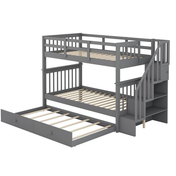 slide 2 of 16, Functional Design Wood Bunk Bed with Trundle, Storage Staircases and Guardrails for Safety Guaranteed, Grey