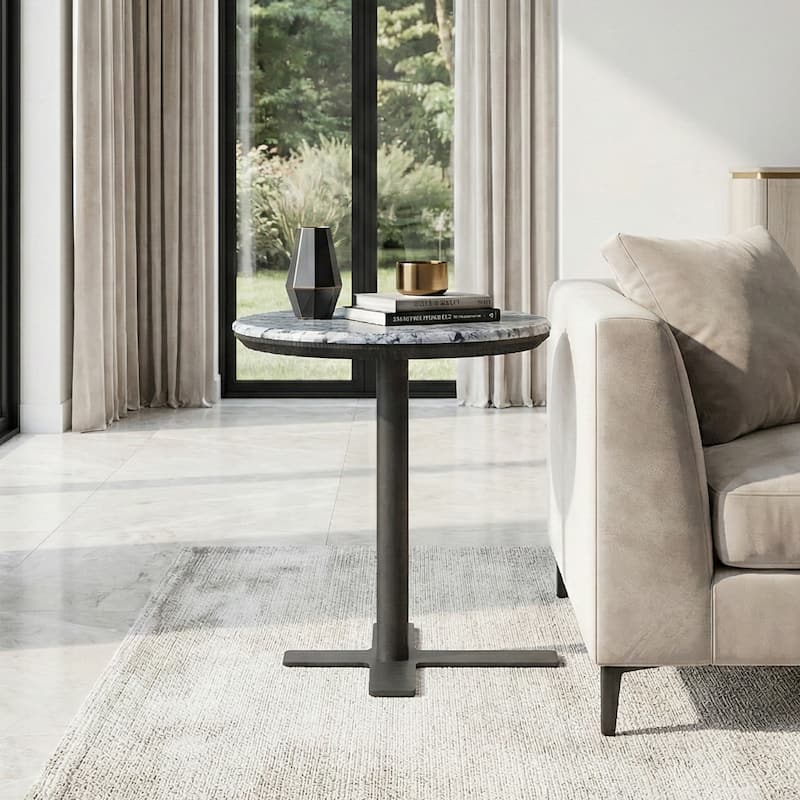 Modern Round Accent Side Table - Natural Crystal Stone Tabletop with Black Metal X-Base