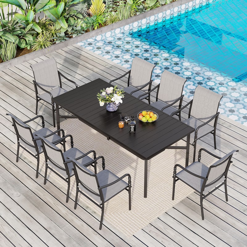 MAISON ARTS 9-Piece Patio Dining Set with Square/Rectangular Metal Table and 8 Gourd Head Shape Armrest Dining Chairs - Rectangular+Textilene Chairs