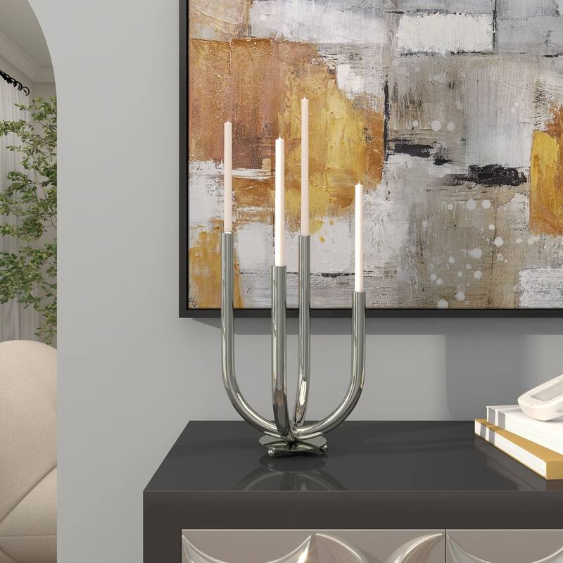 Silver Stainless Steel Metal Abstract U-Shaped Candelabra - Silver