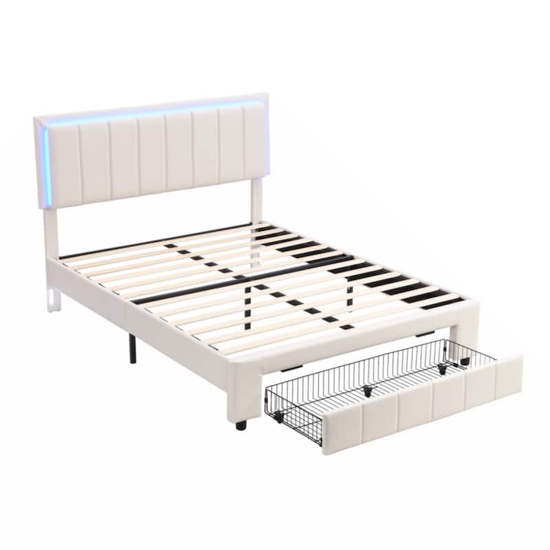 Upholstered Platform Bed with LED Lights and Two Motion Activated Night Lights,Queen Size Storage Bed with Drawer