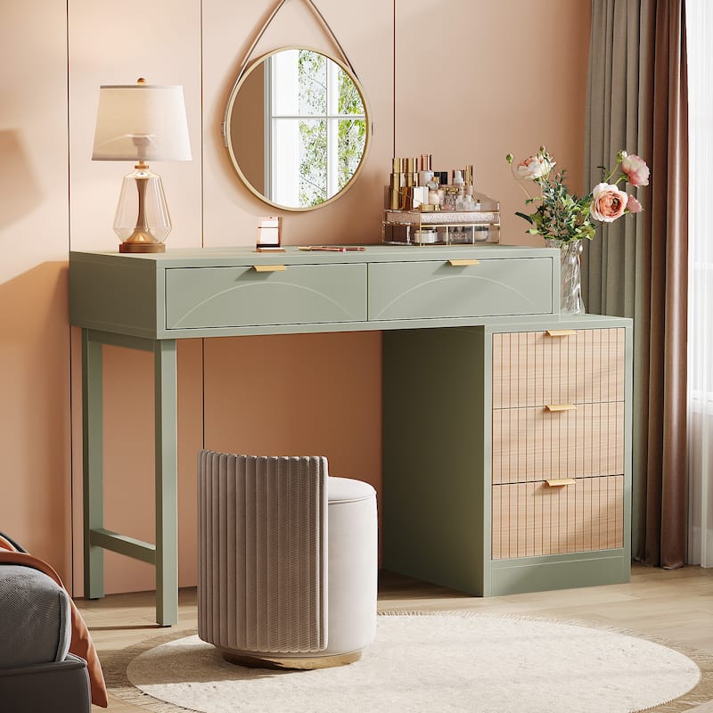 Modern Wood Makeup Vanity Desk Table with 5 Storage Drawers - Mint Green
