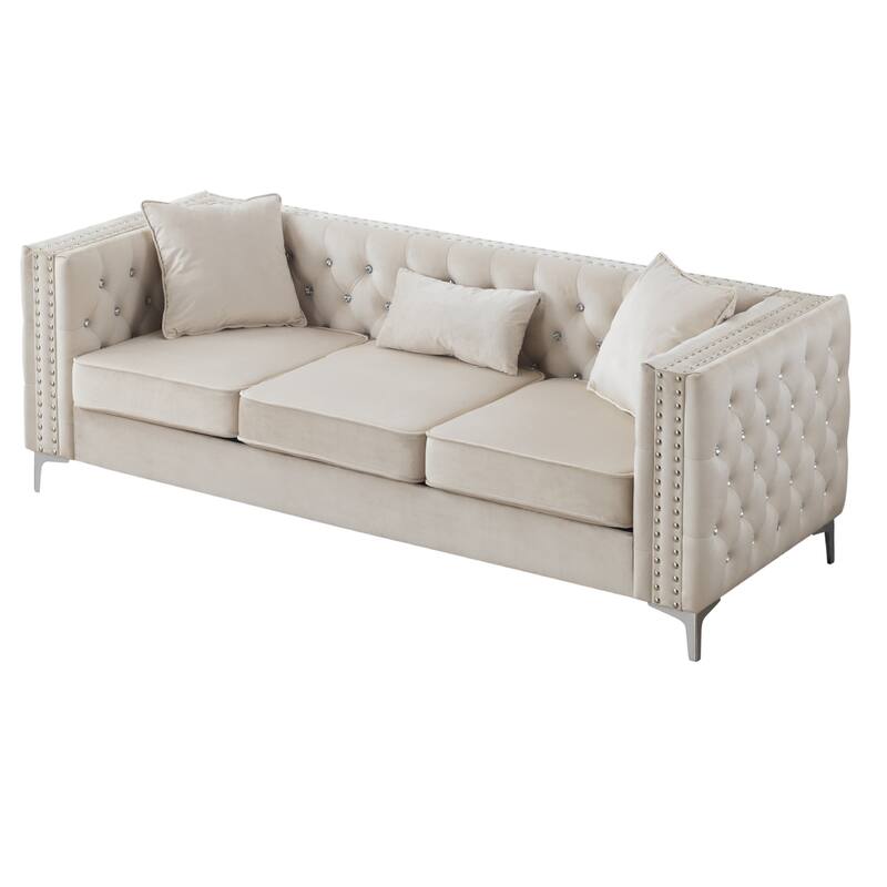 Tufted Faux Diamond Button Velvet 3-Seater Sofa with Throw Pillows - 86" - Cream