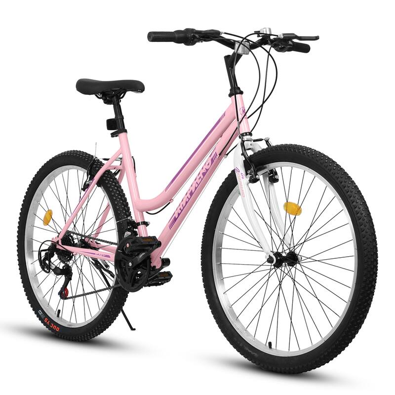 26 Inch Carbon Steel Frame Mountain Cycling Bike, 21-Speed Road Commuting Bicycle with Dual V-Brake for Adult and Teens - Pink