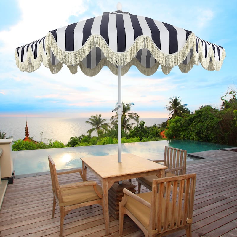 9ft Tassel Patio Umbrella Auto-Tilt, Crank , by JONATHAN Y - Navy/White/Cream