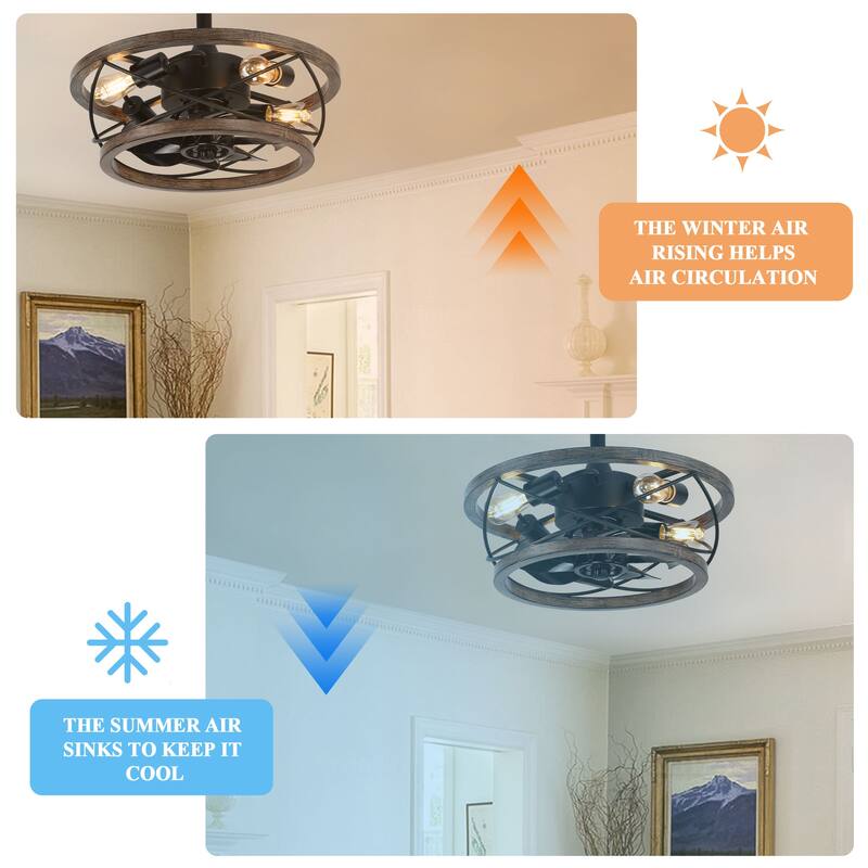 18" Rustic Wood Caged Flush Mount Ceiling Fan, 3-Speed Farmhouse Reversible Ceiling Fan with Light Kit and Remote Control