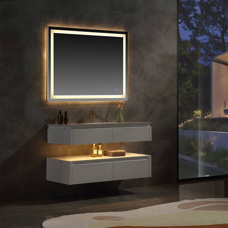 48 Inch Solid Wood Wall-Mounted Bathroom Vanity Set in Green/ White with Engineered Stone Top and Ceramic Sink