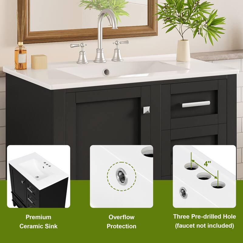 30" Modern Bathroom Vanity with Ceramic Sink, Solid Wood Frame, 1 Door & 3 Soft-Close Drawers, Freestanding