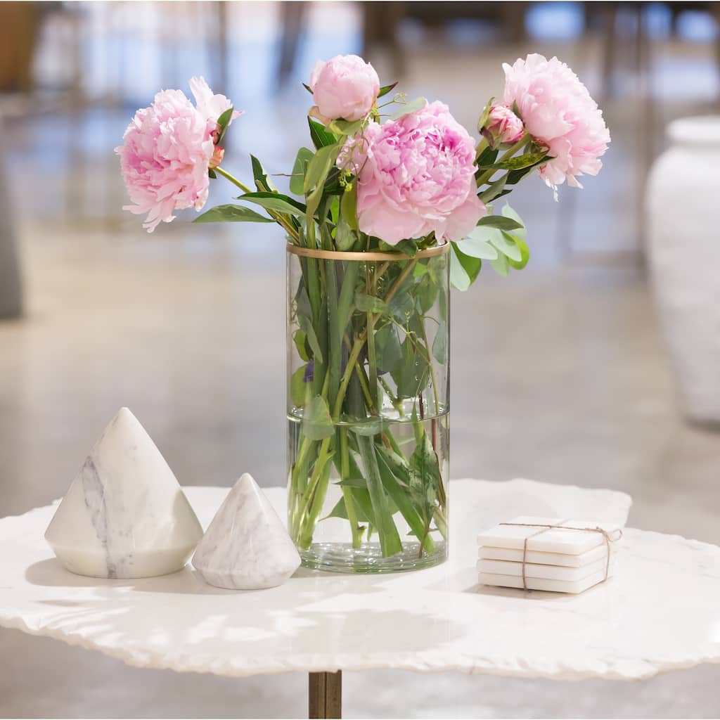 Med. Glass & Brass Flower Cylinder H7" - Clear & Gold