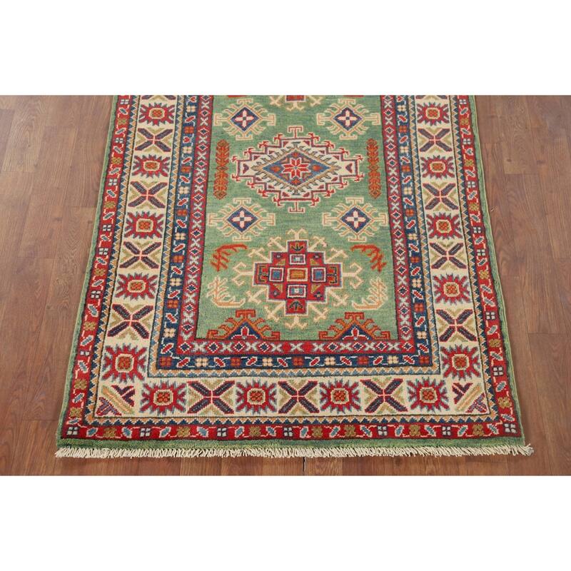 Green Geometric Kazak Foyer Rug Handmade Wool Carpet - 3'1" x 4'11"