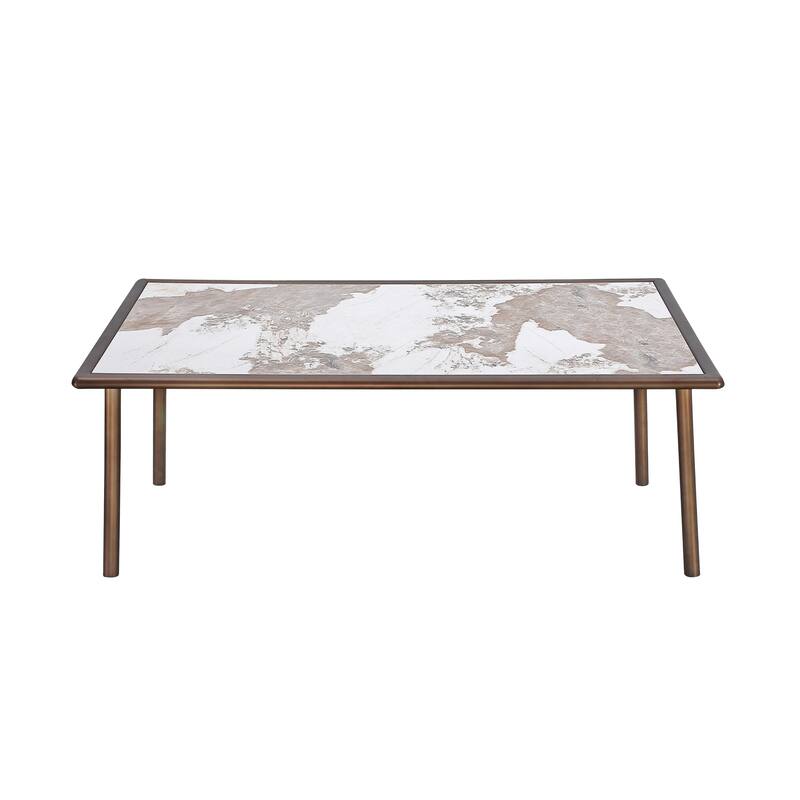 Zame 79 Inch Dining Table, Rectangular White Stone Top, Steel Legs, Bronze