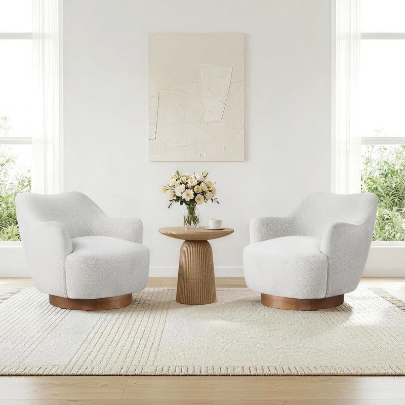 Spruce & Spring Modern Upholstered Swivel Accent Chair with Wood Base - Set of 2 - White
