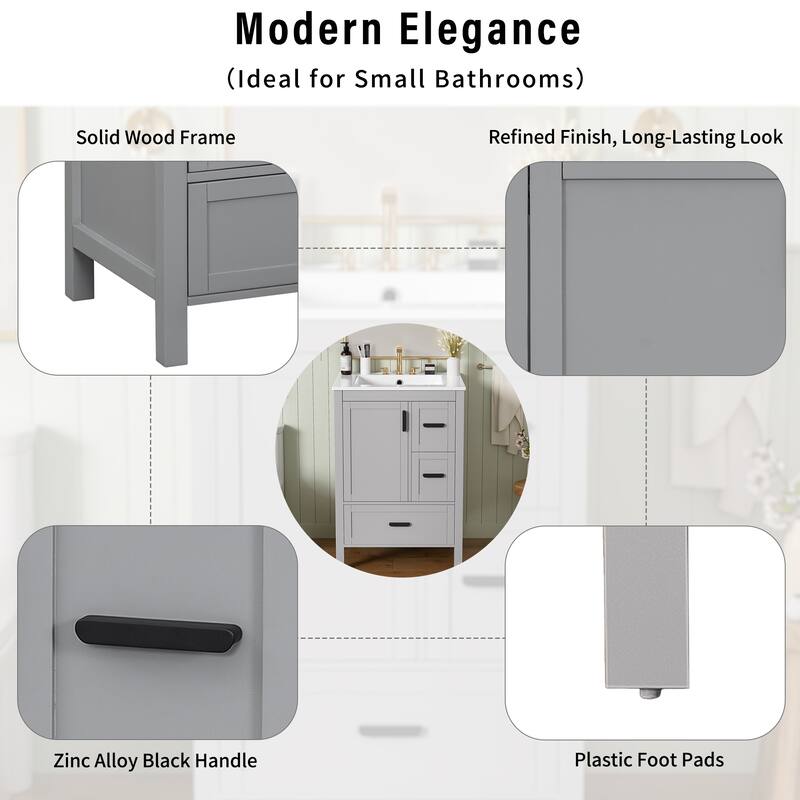 24" Bathroom Vanity with Ceramic Sink Bathroom Storage Cabinet with Double-Layer Door Shelf and 3 Drawers
