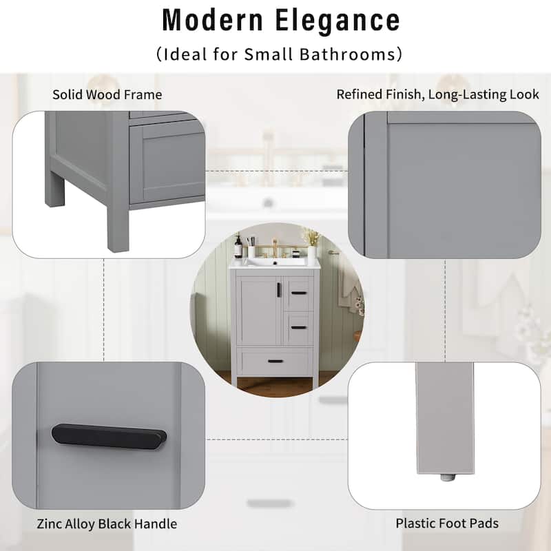 24" Modern Bathroom Vanity with Ceramic Sink - Soft-Close Door, 3 Drawers, Double-Layer Shelf, Minimalist Design