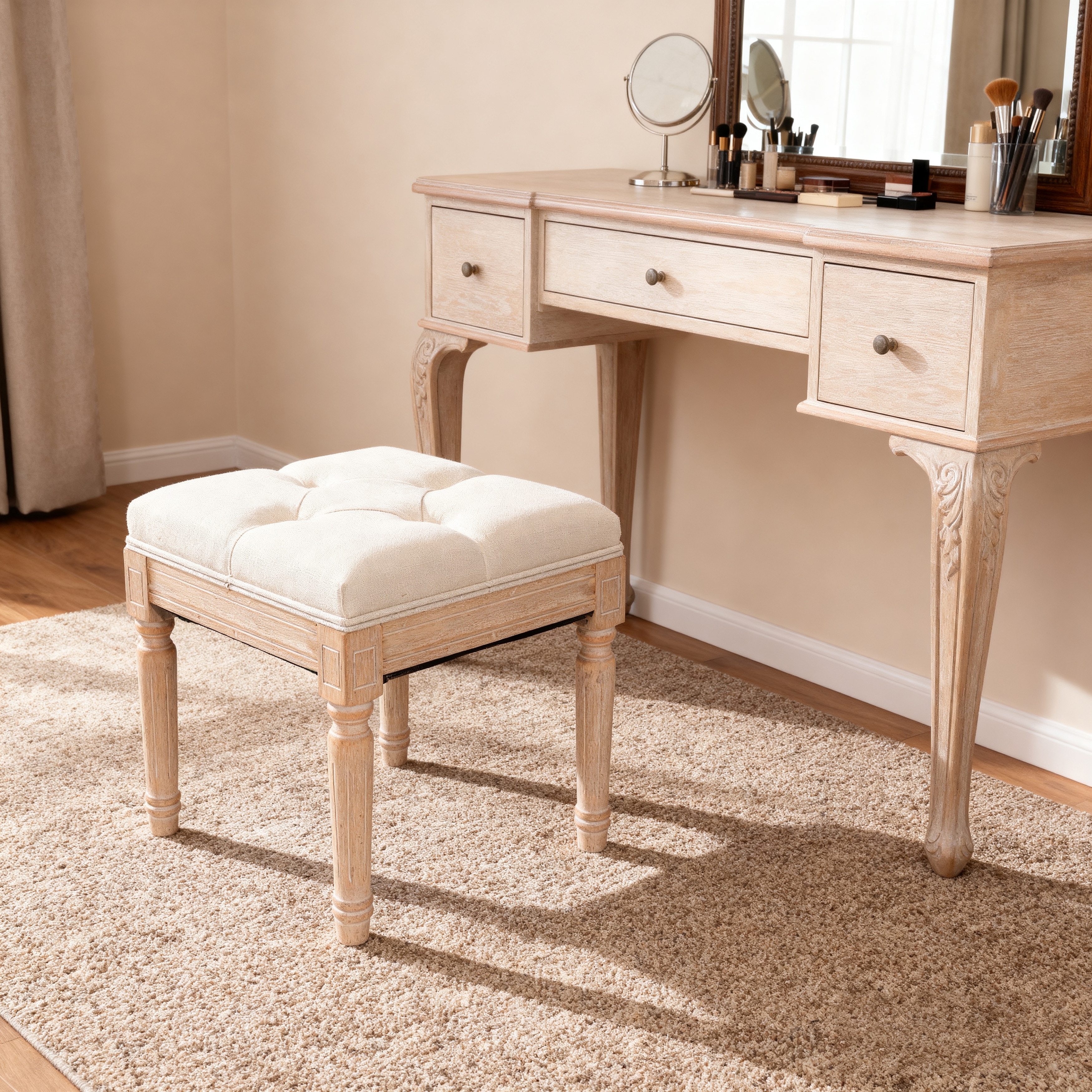 Small Padded Bench With Square Upholstered Design For Bedroom Vanity Stool