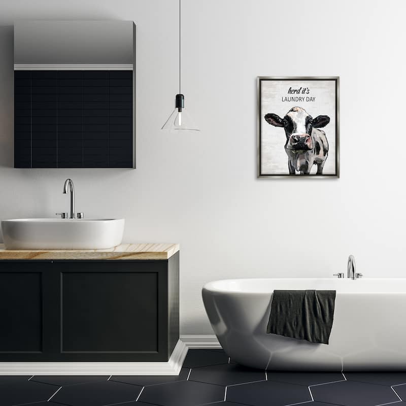 Stupell Herd It's Laundry Day Cow Framed Floater Canvas Wall Art Design By Lettered and Lined