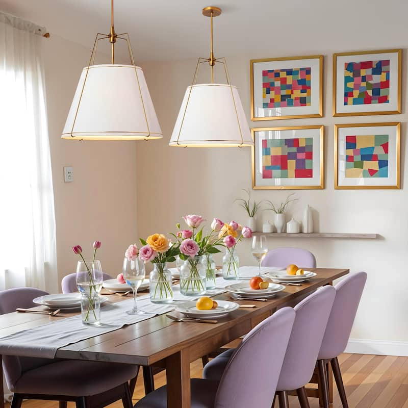 Arthur Modern Pendant Light - Metal, Fabric & Gold, Ivory White Cone Hanging Light For Mid-Century, Modern, Farmhouse Room Decor