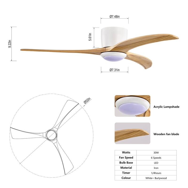 52" Solid Wood Blades Ceiling Fan With Light with Remote Control, Noiseless Reversible Motor, 6 Speed