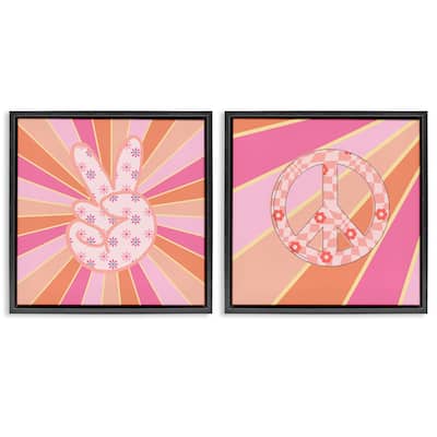 Stupell Groovy Peace Symbols on Stripes Framed Floater Canvas Wall Art Design By Jesse Keith (Set of 2)