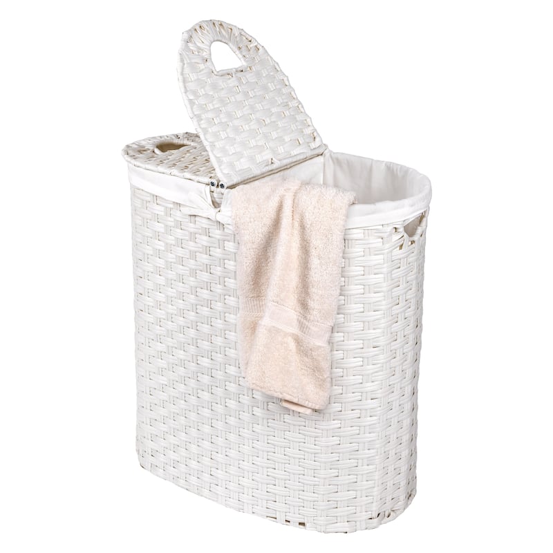Seville Classics Handwoven Lidded Oval Double Laundry Hamper - White