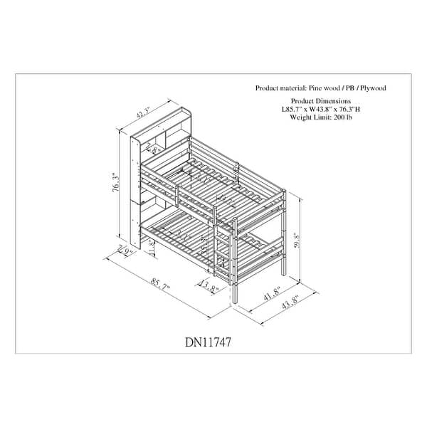 Gray Twin Over Twin Bunk Beds with Bookcase Headboard