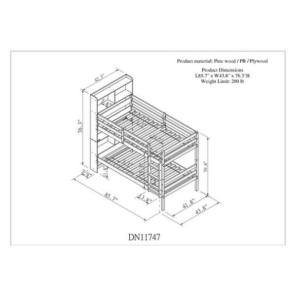 Gray Twin over Twin Solid Wood Bunk Bed with Bookcase Headboard, Safety Rail and Ladder, Can Be Converted into 2 Beds