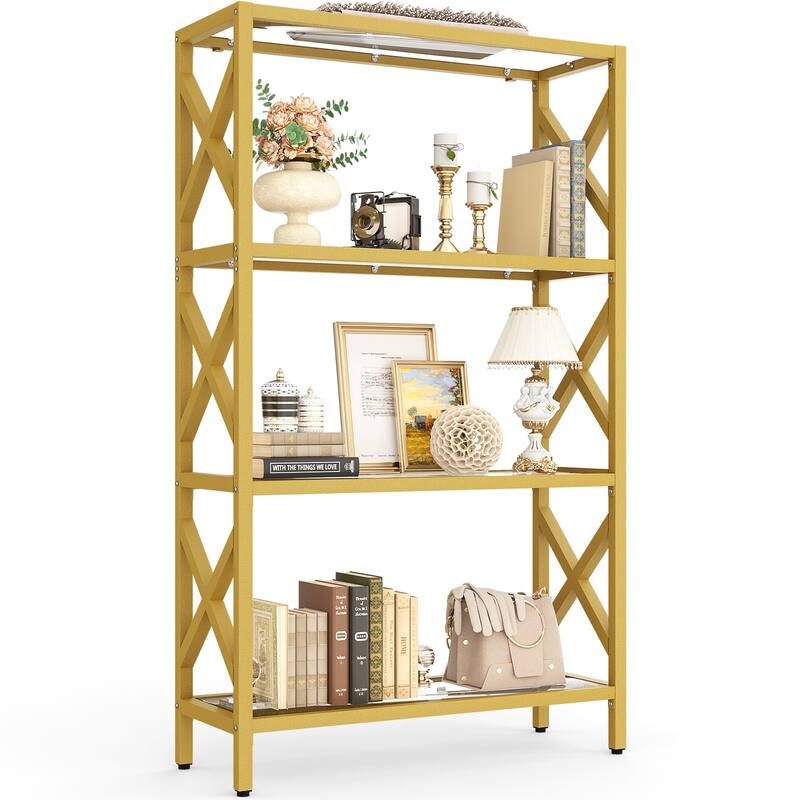 Modern Gold Bookshelf with Tempered Glass Shelves, 3-5 Tires Display Storage Shelving