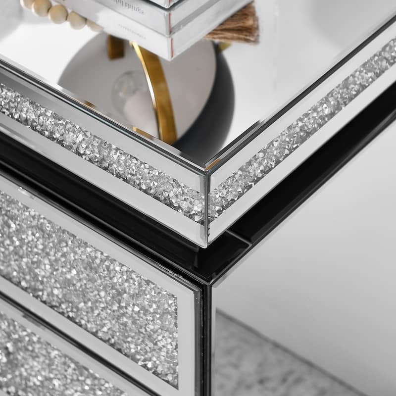 Mirrored Nightstand with Drawers, Couch Side Table with Crystal Pulls, Living Room Side Table with Crushed Decorate