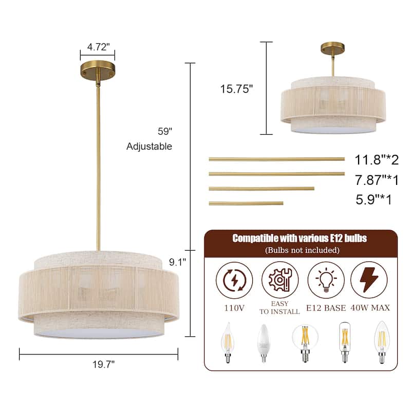 4-Light Off-white Drum Chandelier Kitchen Island Pendant Light