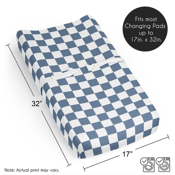 Sweet Jojo Designs Blue Gingham Checkered Plaid Boy Changing Pad Cover Sheet - Vintage Classic Checkerboard Geometric Minimalist