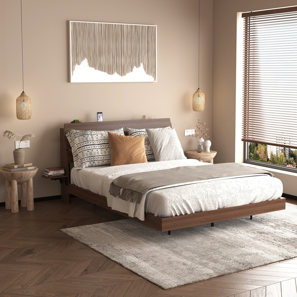loating Bed Frame Queen with Led Lights and Charging Station