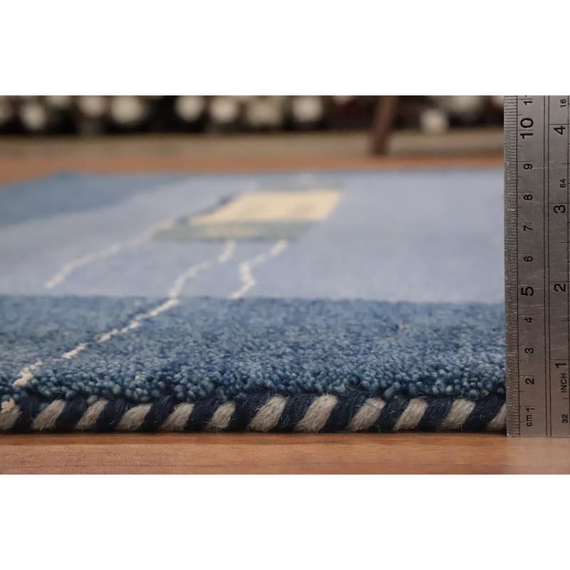 Hand Knotted Oriental 100% Wool Carpet Modern Bordered Navy Blue & Blues Gabbeh Area Rug - 7' 10'' X 5' 8''